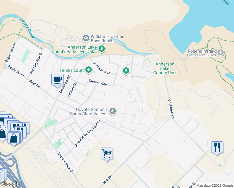 map of restaurants, bars, coffee shops, grocery stores, and more near 18675 Corte Arcangel in Morgan Hill