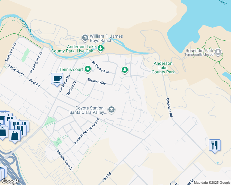 map of restaurants, bars, coffee shops, grocery stores, and more near 18675 Corte Arcangel in Morgan Hill