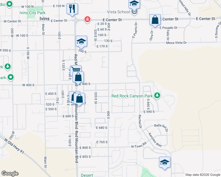 map of restaurants, bars, coffee shops, grocery stores, and more near 411 East Majestic Drive in Ivins