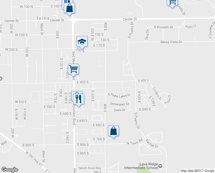 map of restaurants, bars, coffee shops, grocery stores, and more near 411 East Majestic Drive in Ivins