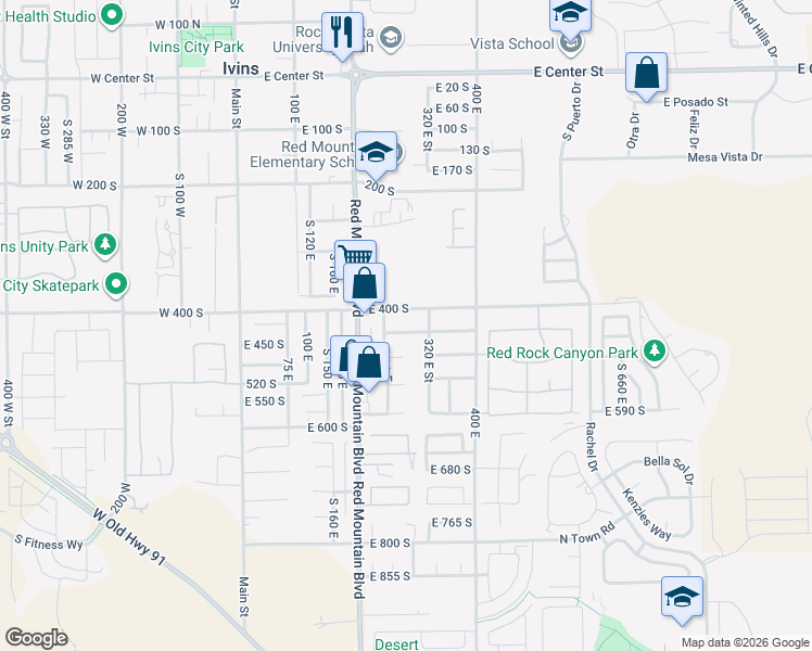 map of restaurants, bars, coffee shops, grocery stores, and more near 450 North in Ivins