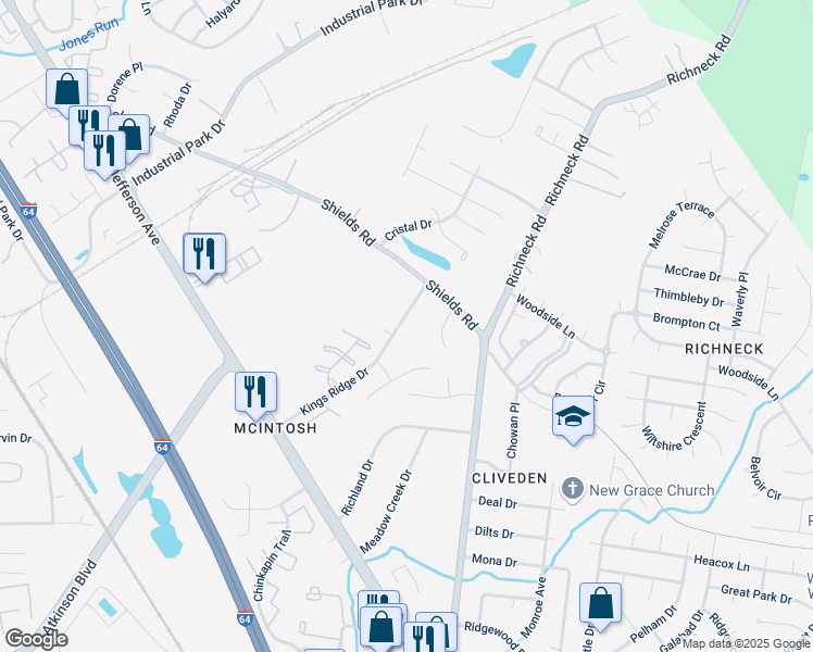 map of restaurants, bars, coffee shops, grocery stores, and more near 750 Kings Ridge Drive in Newport News
