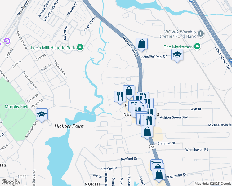 map of restaurants, bars, coffee shops, grocery stores, and more near 315 Warwick Landing Parkway in Newport News