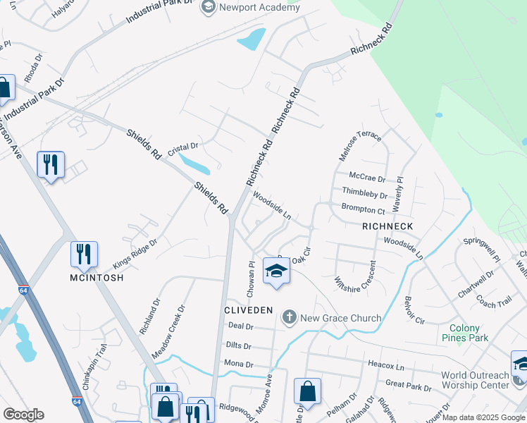 map of restaurants, bars, coffee shops, grocery stores, and more near 428 Peachwood Court in Newport News