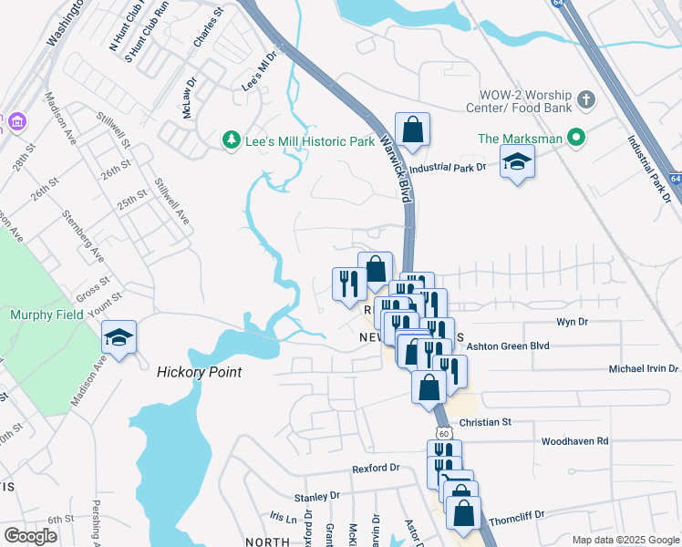 map of restaurants, bars, coffee shops, grocery stores, and more near 313 Warwick Landing Parkway in Newport News