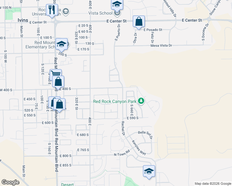 map of restaurants, bars, coffee shops, grocery stores, and more near 555 East Majestic Drive in Ivins