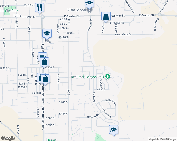 map of restaurants, bars, coffee shops, grocery stores, and more near 555 East Majestic Drive in Ivins