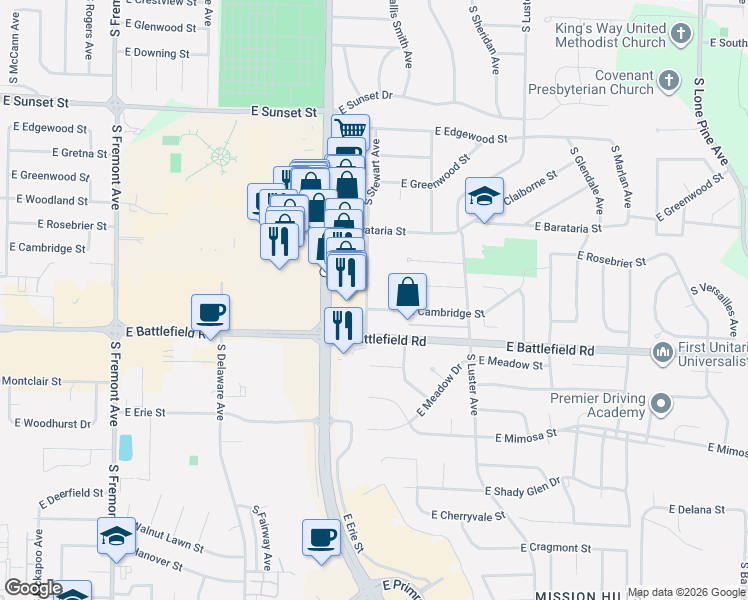 map of restaurants, bars, coffee shops, grocery stores, and more near 2865 South Stewart Avenue in Springfield