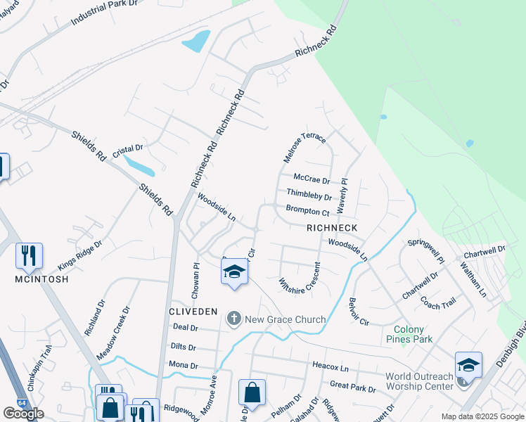 map of restaurants, bars, coffee shops, grocery stores, and more near 980 Red Oak Circle in Newport News