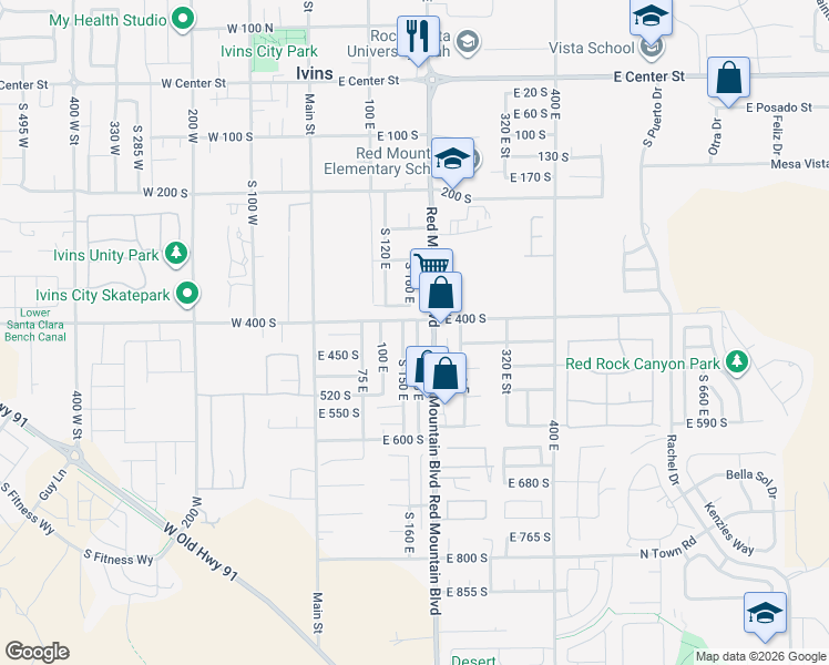 map of restaurants, bars, coffee shops, grocery stores, and more near 422 South 175 East in Ivins
