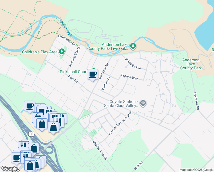 map of restaurants, bars, coffee shops, grocery stores, and more near 1620 Ventura Drive in Morgan Hill