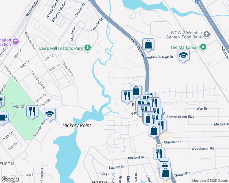 map of restaurants, bars, coffee shops, grocery stores, and more near 103 Osprey Way in Newport News