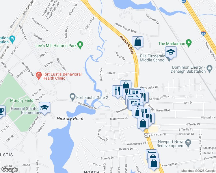 map of restaurants, bars, coffee shops, grocery stores, and more near 100 Osprey Way in Newport News