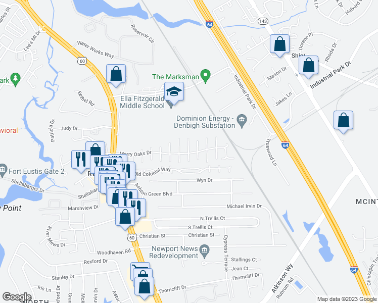 map of restaurants, bars, coffee shops, grocery stores, and more near 210 North Pecan Court in Newport News