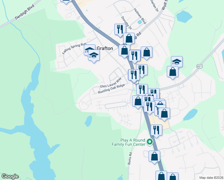 map of restaurants, bars, coffee shops, grocery stores, and more near 136 Rustling Oak Ridge in Yorktown