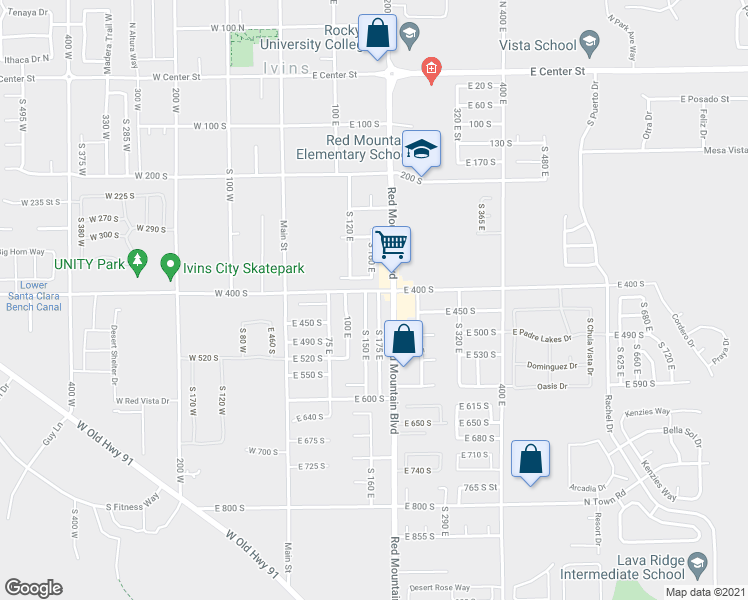 map of restaurants, bars, coffee shops, grocery stores, and more near 422 South 175 East in Ivins