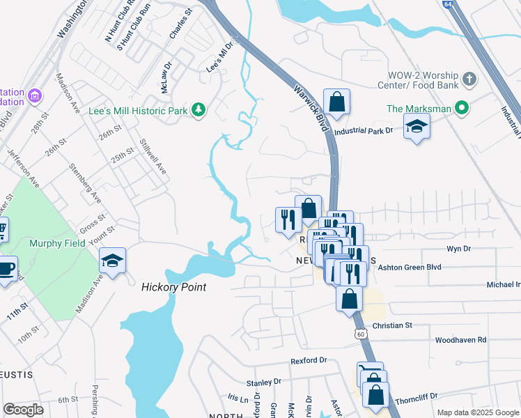 map of restaurants, bars, coffee shops, grocery stores, and more near 103 Osprey Way in Newport News