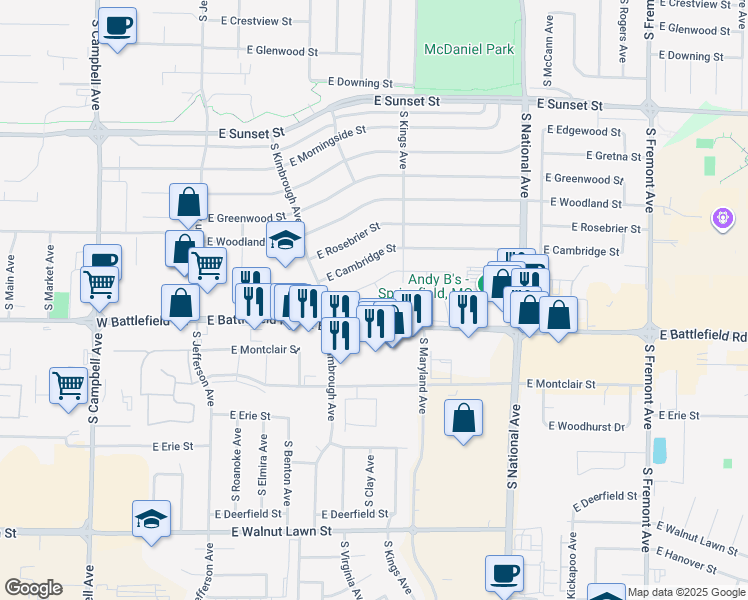 map of restaurants, bars, coffee shops, grocery stores, and more near 2919 South Galahad Court in Springfield