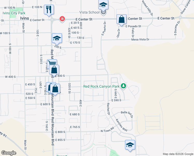 map of restaurants, bars, coffee shops, grocery stores, and more near South Coyote Way in Ivins