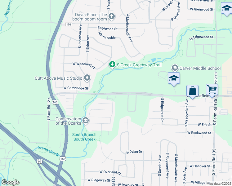 map of restaurants, bars, coffee shops, grocery stores, and more near 3735 West Battlefield Road in Springfield