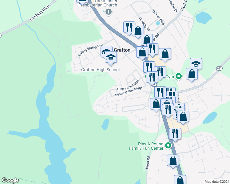 map of restaurants, bars, coffee shops, grocery stores, and more near 102 Level Field Park in Yorktown
