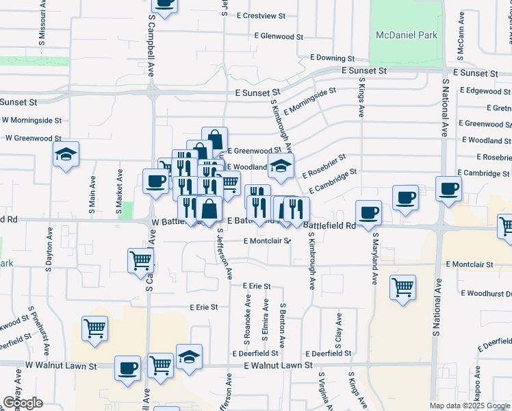 map of restaurants, bars, coffee shops, grocery stores, and more near 2929 South Roanoke Avenue in Springfield