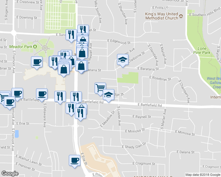 map of restaurants, bars, coffee shops, grocery stores, and more near 2010 East Rosebrier Street in Springfield