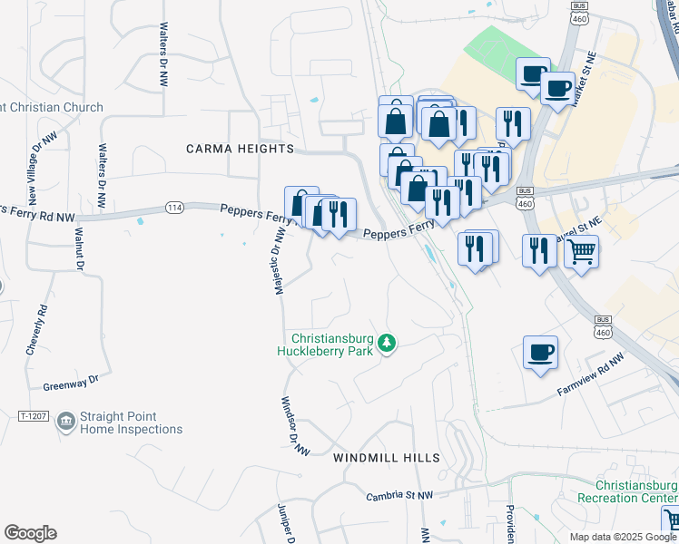 map of restaurants, bars, coffee shops, grocery stores, and more near 200 Kay's Drive Northwest in Christiansburg