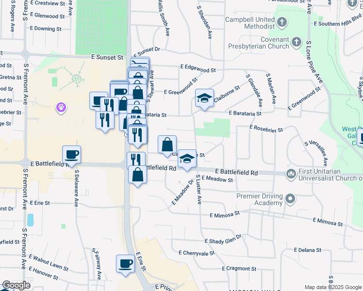 map of restaurants, bars, coffee shops, grocery stores, and more near 2002 East Rosebrier Street in Springfield