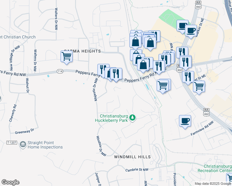 map of restaurants, bars, coffee shops, grocery stores, and more near 200 Kay's Drive Northwest in Christiansburg