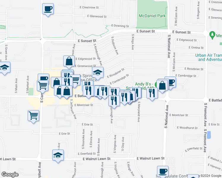 map of restaurants, bars, coffee shops, grocery stores, and more near 2930 South Kimbrough Avenue in Springfield