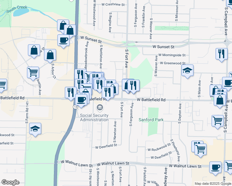 map of restaurants, bars, coffee shops, grocery stores, and more near 1341 East Battlefield Road in Springfield
