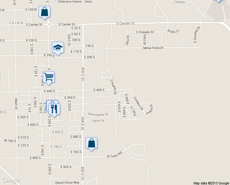 map of restaurants, bars, coffee shops, grocery stores, and more near 420 South Puerto Drive in Ivins