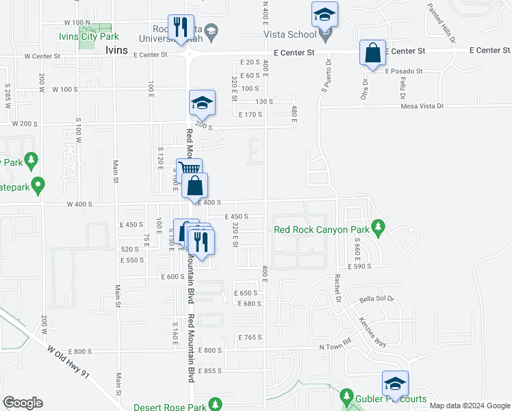 map of restaurants, bars, coffee shops, grocery stores, and more near 372 East 400 South in Ivins