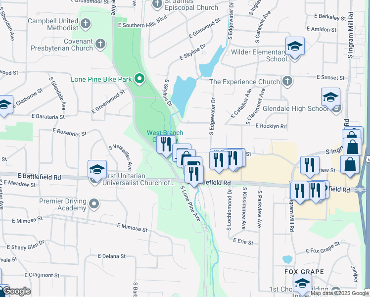 map of restaurants, bars, coffee shops, grocery stores, and more near 2807 East Ridgeview Circle in Springfield