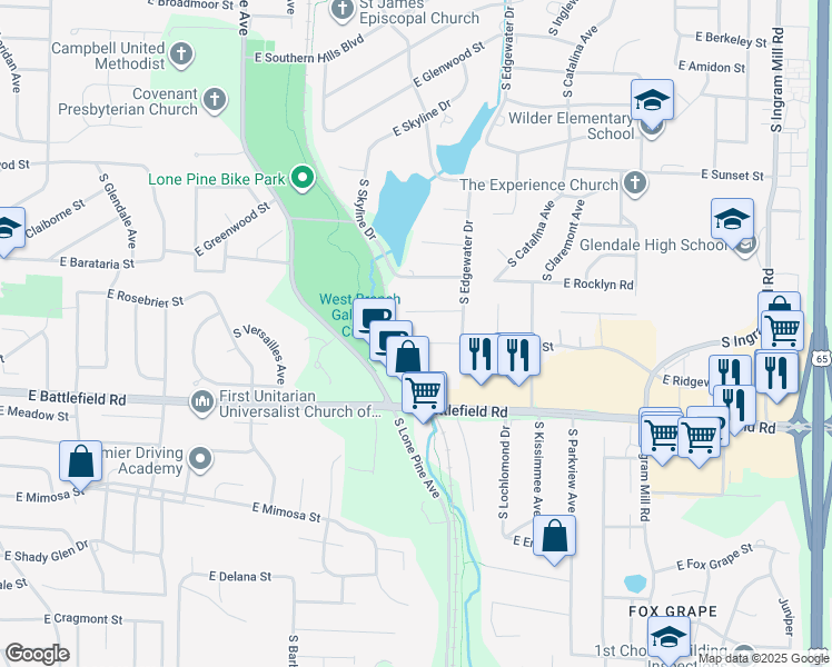 map of restaurants, bars, coffee shops, grocery stores, and more near 2807 East Ridgeview Circle in Springfield