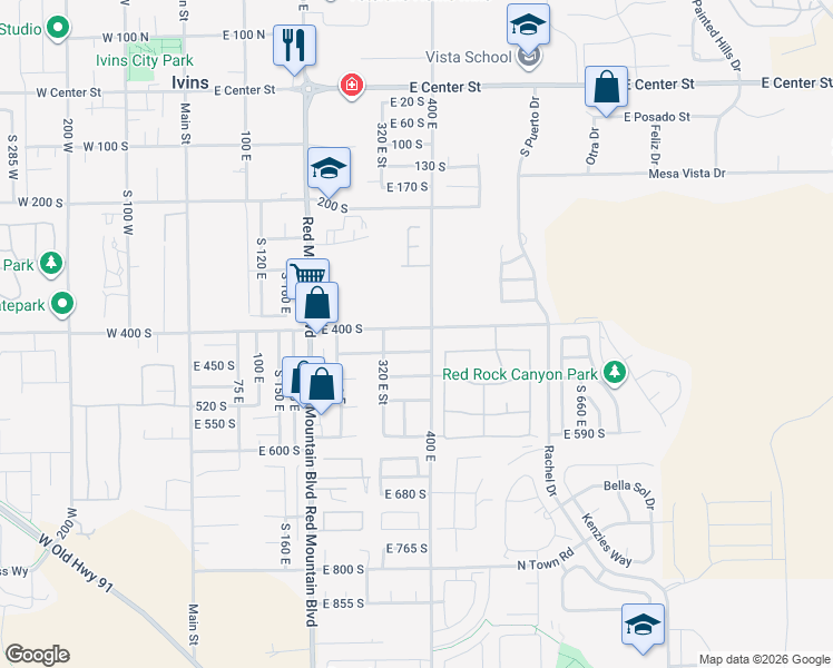 map of restaurants, bars, coffee shops, grocery stores, and more near 372 East 400 South in Ivins
