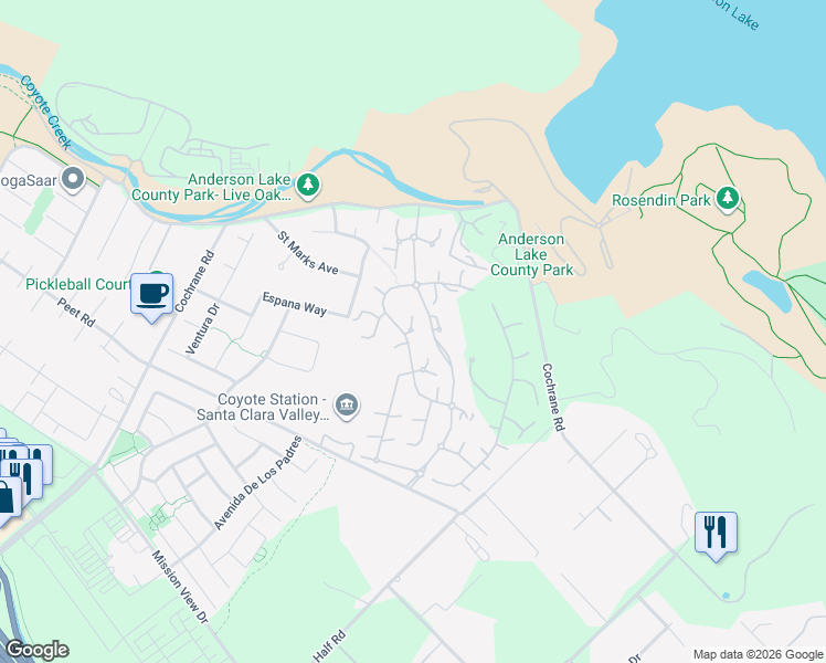 map of restaurants, bars, coffee shops, grocery stores, and more near 18462 Corte Catalina in Morgan Hill