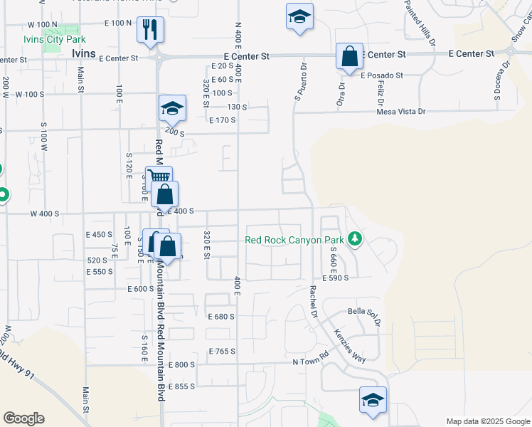 map of restaurants, bars, coffee shops, grocery stores, and more near 488 East 400 South in Ivins