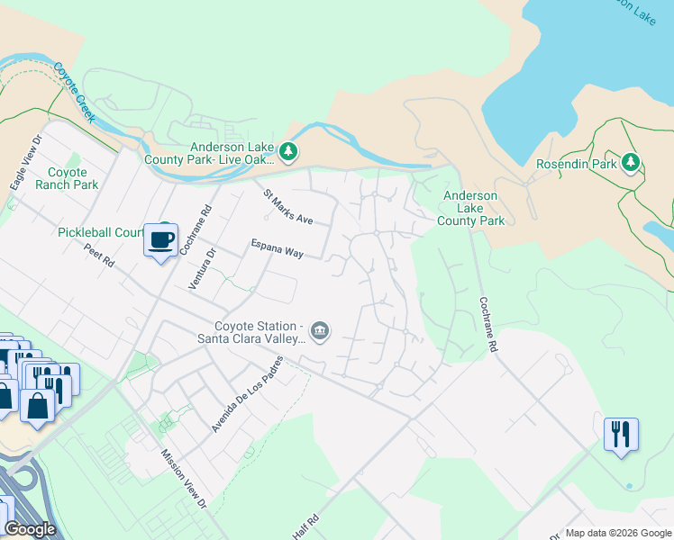map of restaurants, bars, coffee shops, grocery stores, and more near 18645 Corte Arcangel in Morgan Hill