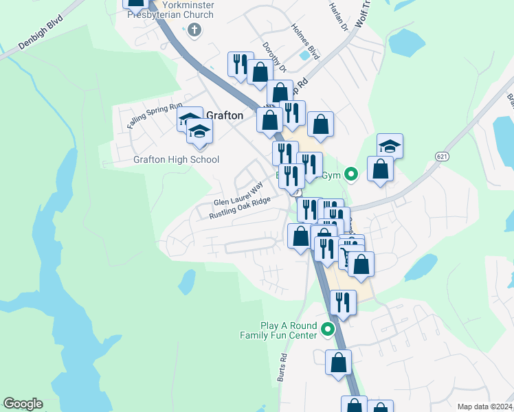map of restaurants, bars, coffee shops, grocery stores, and more near 127 Rustling Oak Ridge in Yorktown
