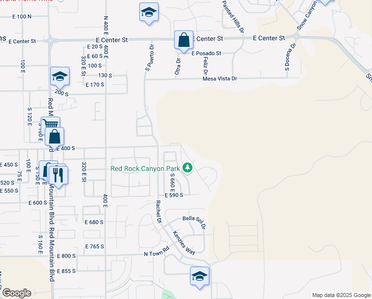 map of restaurants, bars, coffee shops, grocery stores, and more near 419 Cordero Drive in Ivins