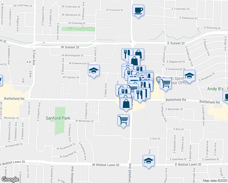 map of restaurants, bars, coffee shops, grocery stores, and more near 2927 South Market Avenue in Springfield