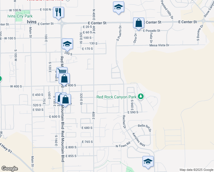map of restaurants, bars, coffee shops, grocery stores, and more near 488 East 400 South in Ivins