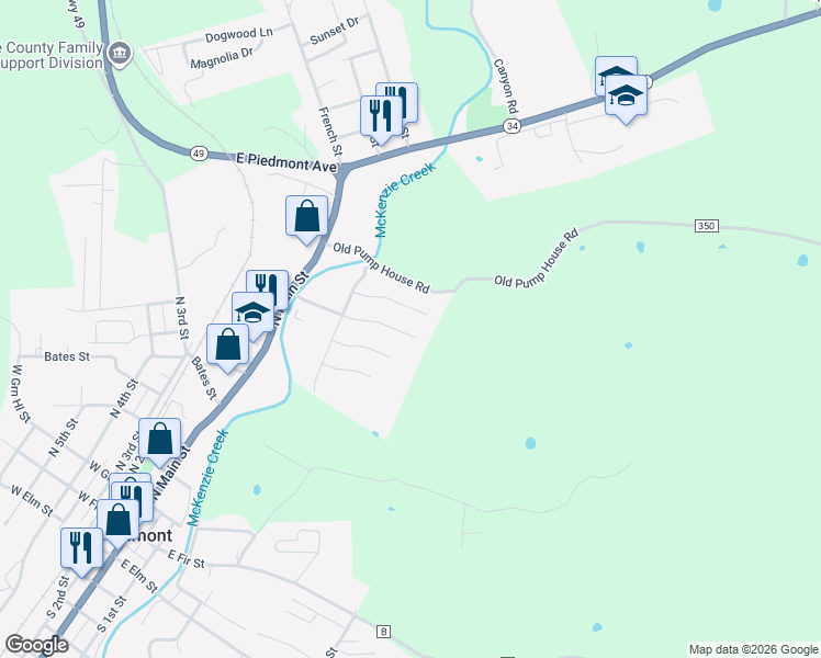 map of restaurants, bars, coffee shops, grocery stores, and more near 305 Comanche Drive in Piedmont