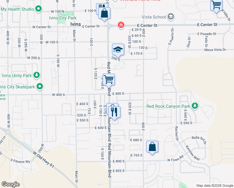 map of restaurants, bars, coffee shops, grocery stores, and more near 357 South 250 East in Ivins