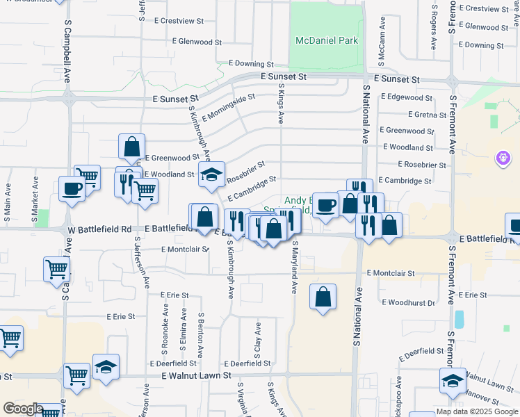 map of restaurants, bars, coffee shops, grocery stores, and more near 2919 S Galahad Ct in Springfield