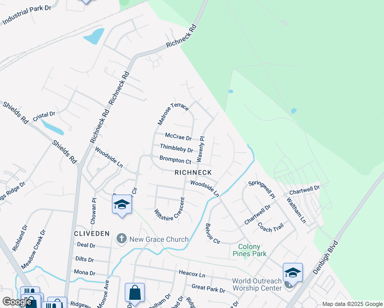 map of restaurants, bars, coffee shops, grocery stores, and more near 836 Thimbleby Drive in Newport News