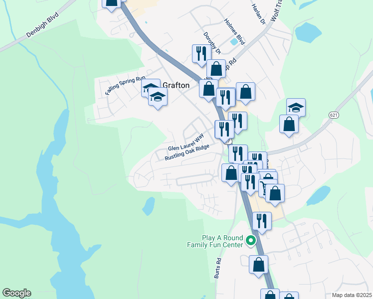 map of restaurants, bars, coffee shops, grocery stores, and more near 144 Rustling Oak Ridge in Yorktown