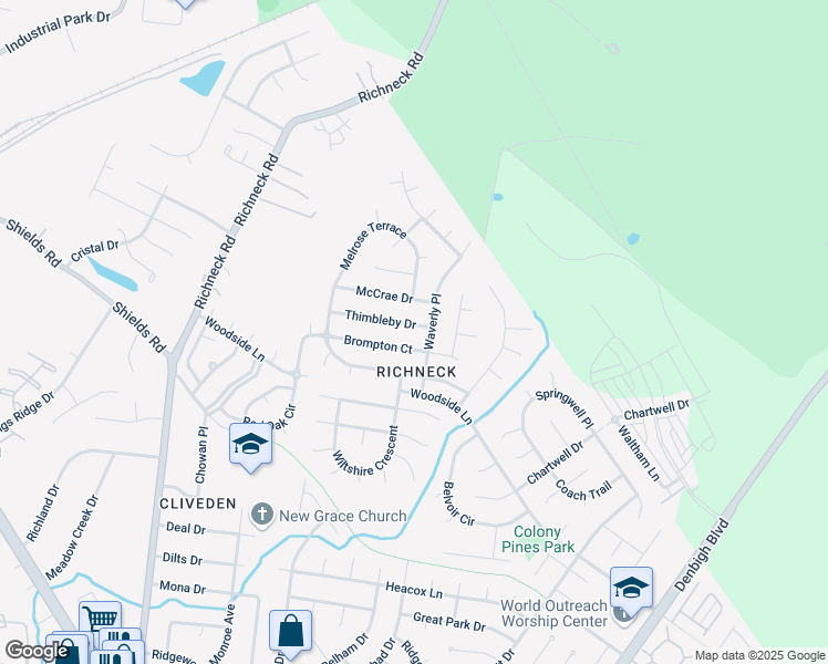 map of restaurants, bars, coffee shops, grocery stores, and more near 836 Thimbleby Drive in Newport News